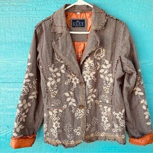 PURE WEST BROWN CREAM PLAID EMBROIDERED BLAZER JACKET RAW HEMS SIZE LARGE